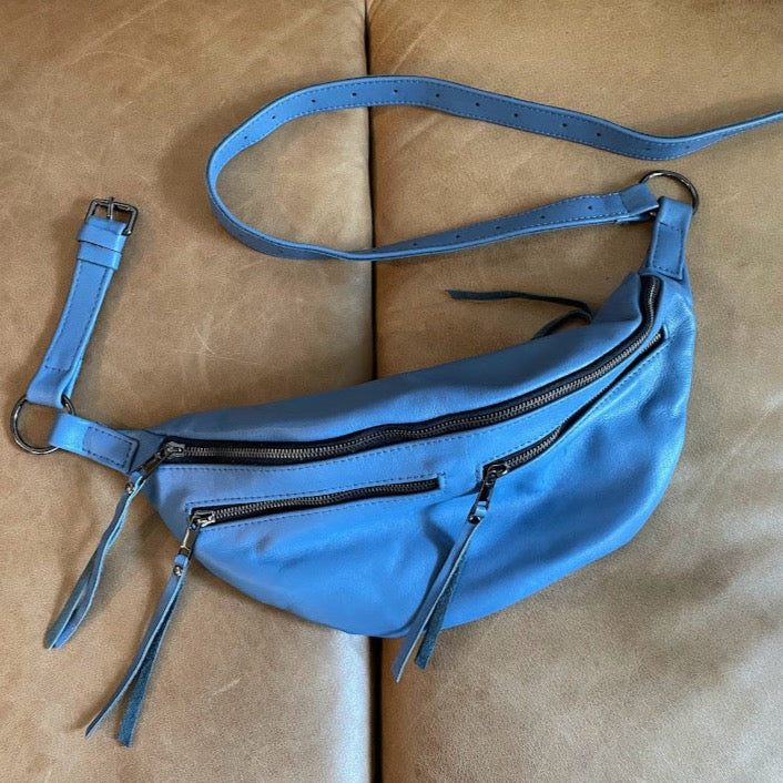 The Everywhere Bag — Dusty Blue Leather with Gunmetal Hardware