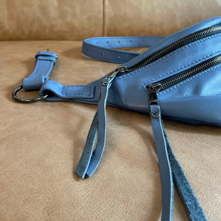 The Everywhere Bag — Dusty Blue Leather with Gunmetal Hardware